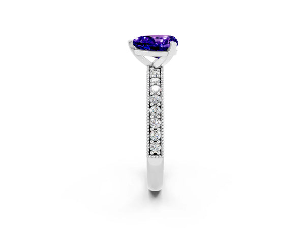 Platinum Heart Cut Tanzanite Milgrain Pavé Engagement Ring with Four-Prong Setting
