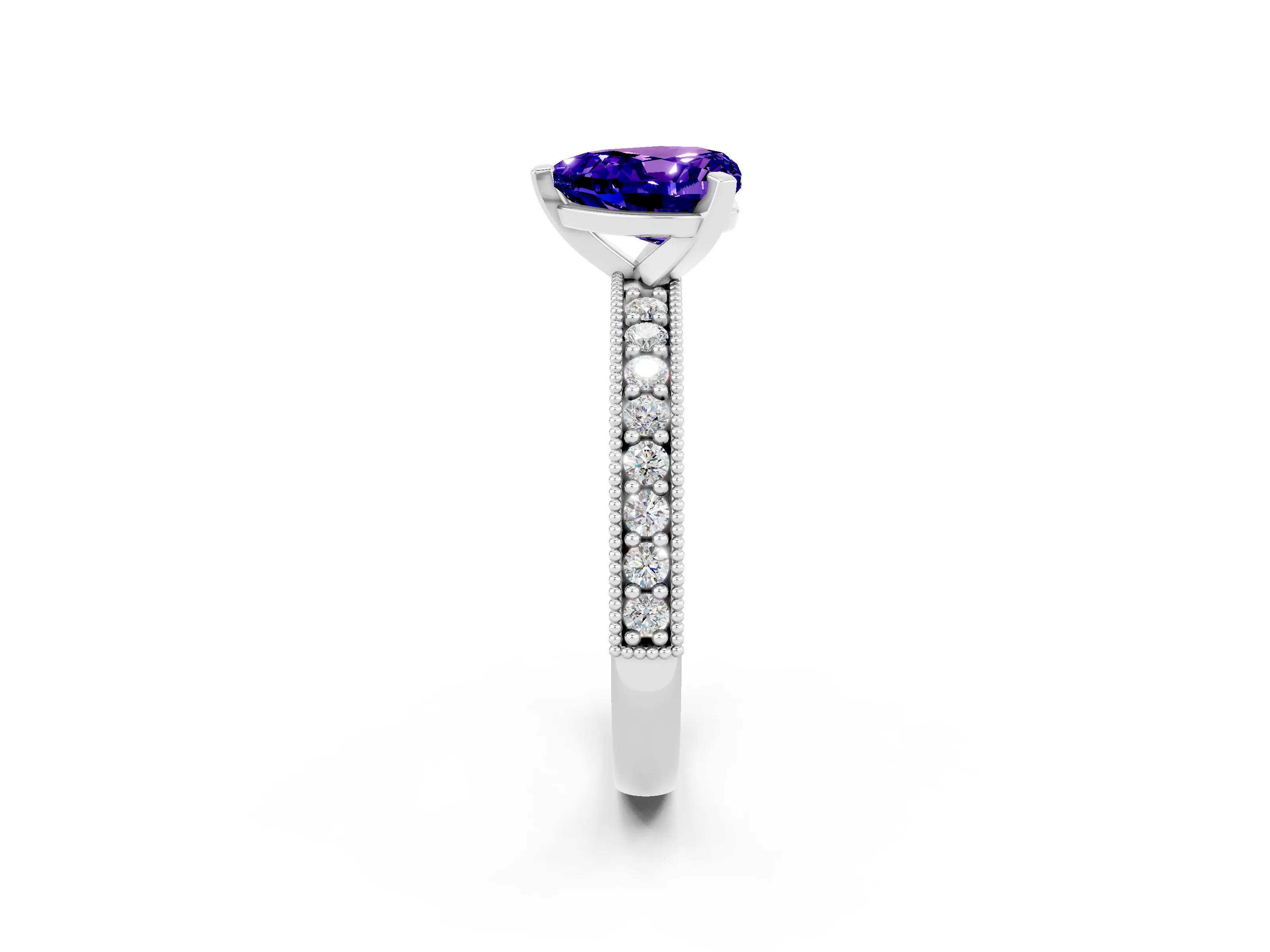 White gold Heart Cut Tanzanite Milgrain Pavé Engagement Ring with Four-Prong Setting_14