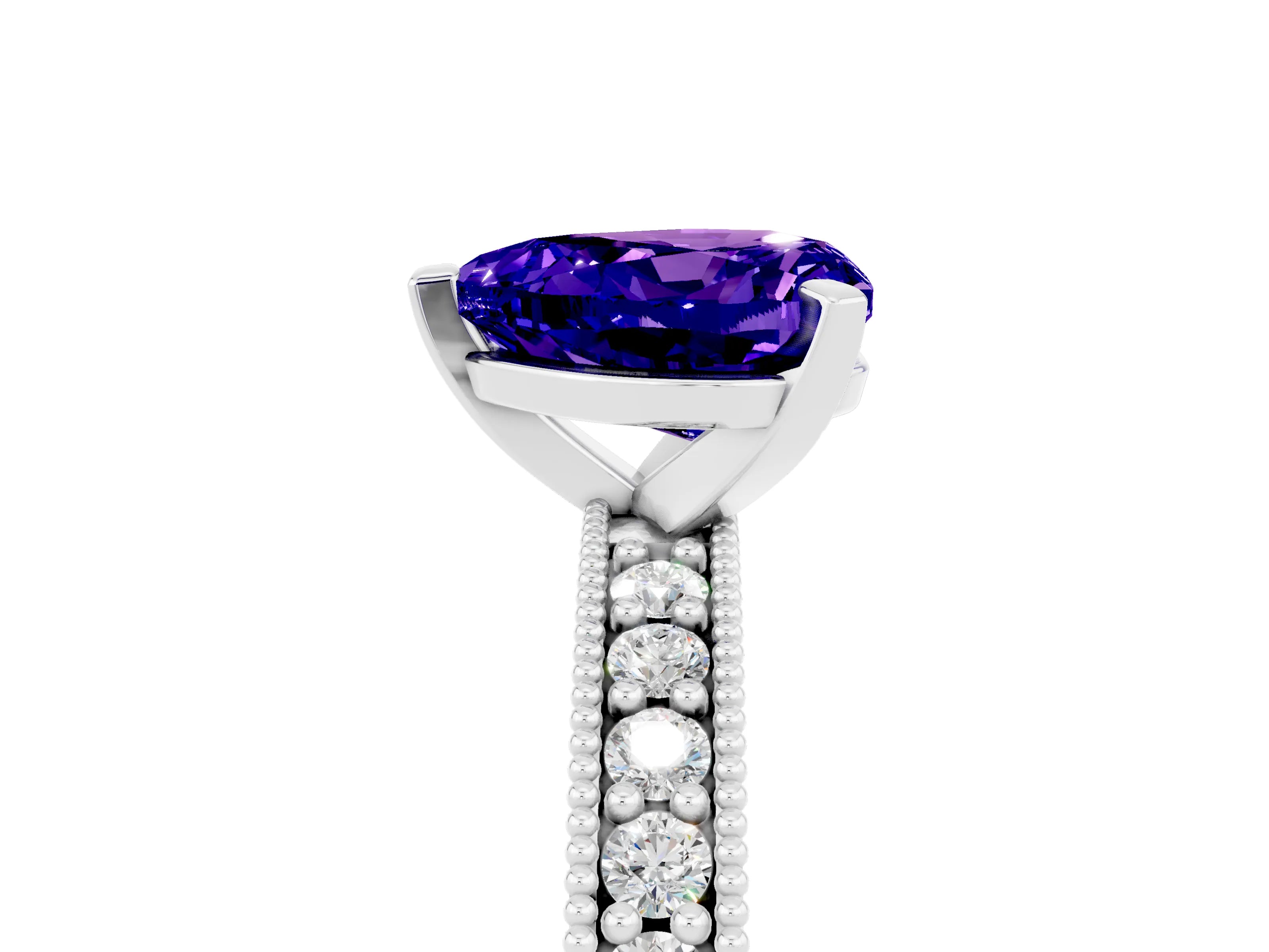 White gold Heart Cut Tanzanite Milgrain Pavé Engagement Ring with Four-Prong Setting_17