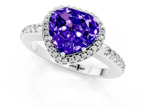 White gold Heart Cut Tanzanite Pavé Halo Ring with Four-Prong Setting_13