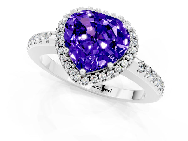 Silver Heart Cut Tanzanite Pavé Halo Ring with Four-Prong Setting