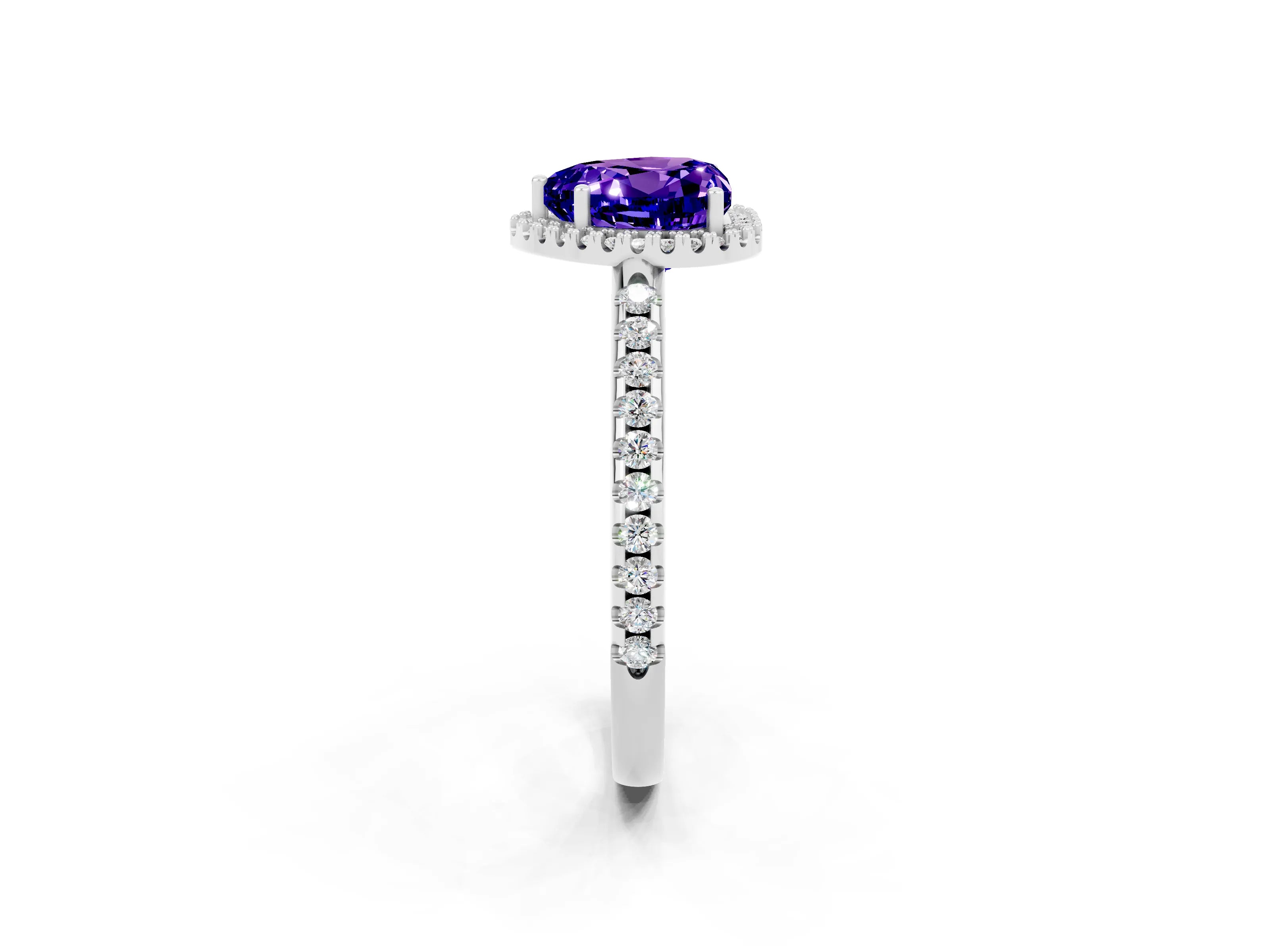 White gold Heart Cut Tanzanite Pavé Halo Ring with Four-Prong Setting_14