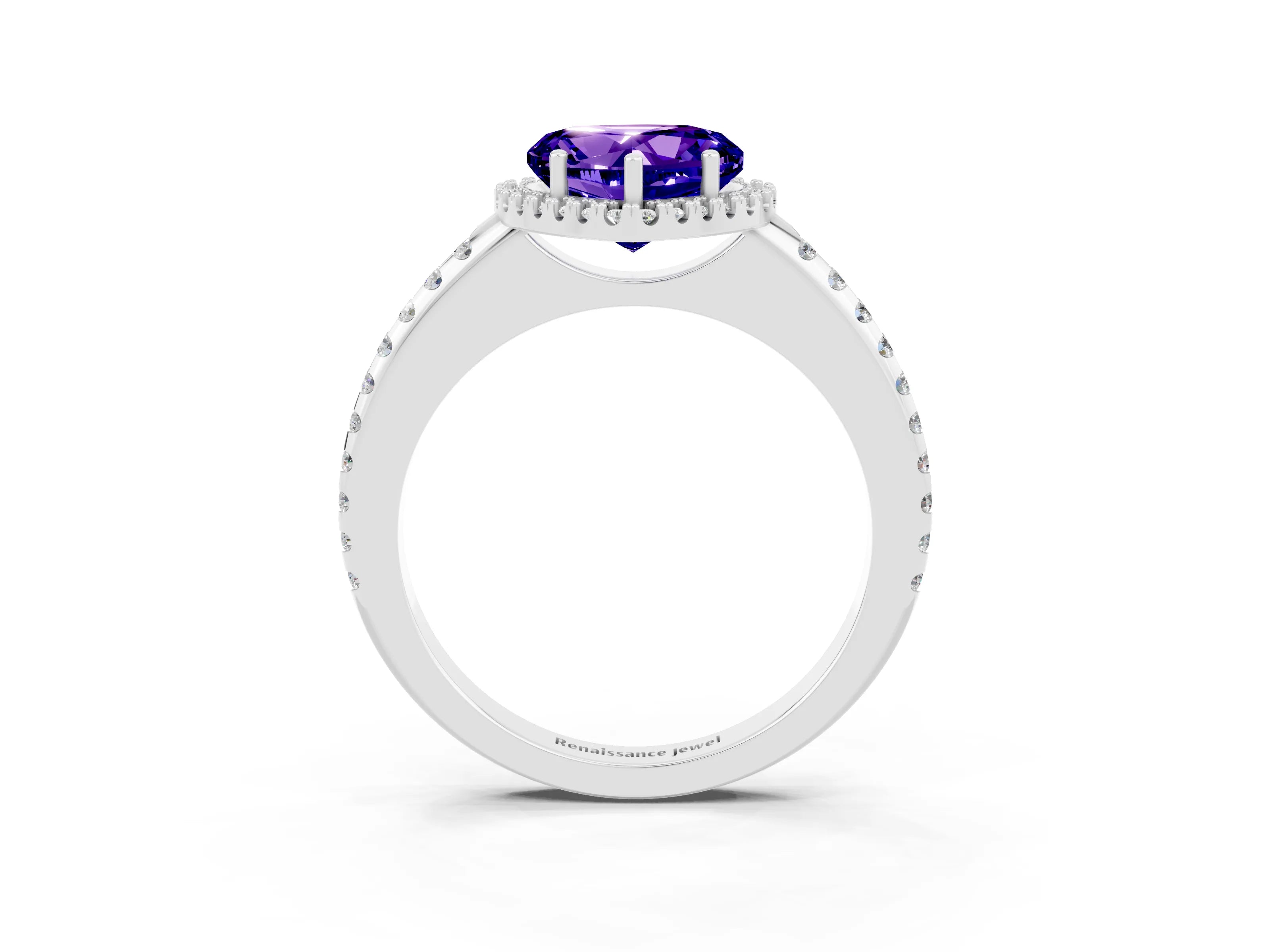 White gold Heart Cut Tanzanite Pavé Halo Ring with Four-Prong Setting_15