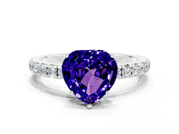 Silver Heart Cut Tanzanite Pavé Solitaire Engagement Ring with Four-Prong Setting