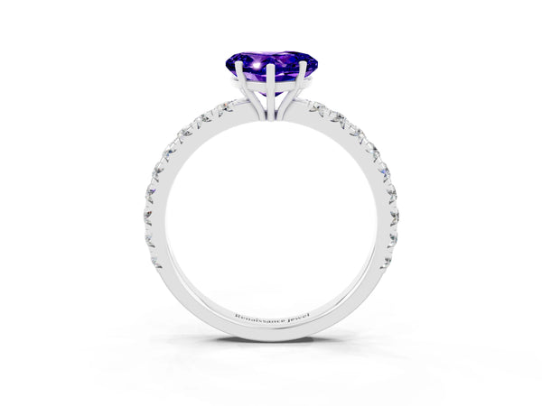 Platinum Heart Cut Tanzanite Pavé Solitaire Engagement Ring with Four-Prong Setting