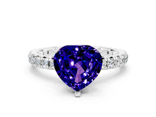 Silver Heart Cut Tanzanite Pavé Solitaire Ring with Round Band and Prong Setting