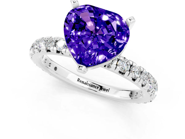 White gold Heart Cut Tanzanite Pavé Solitaire Ring with Round Band and Prong Setting