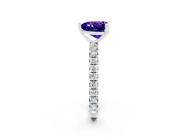 Platinum Heart Cut Tanzanite Pavé Solitaire Ring with Round Band and Prong Setting
