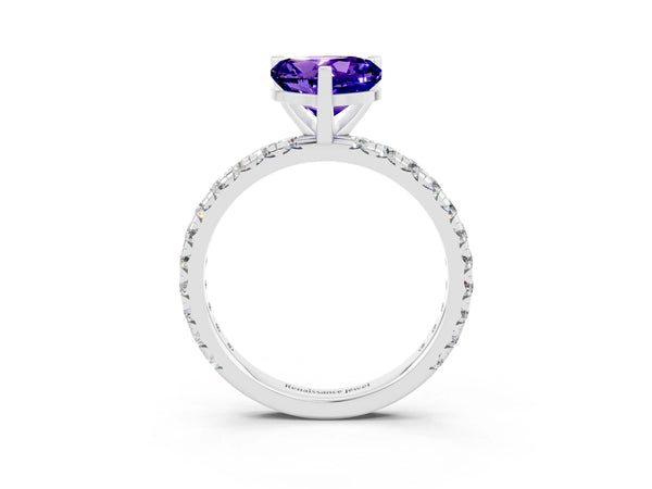 White gold Heart Cut Tanzanite Pavé Solitaire Ring with Round Band and Prong Setting