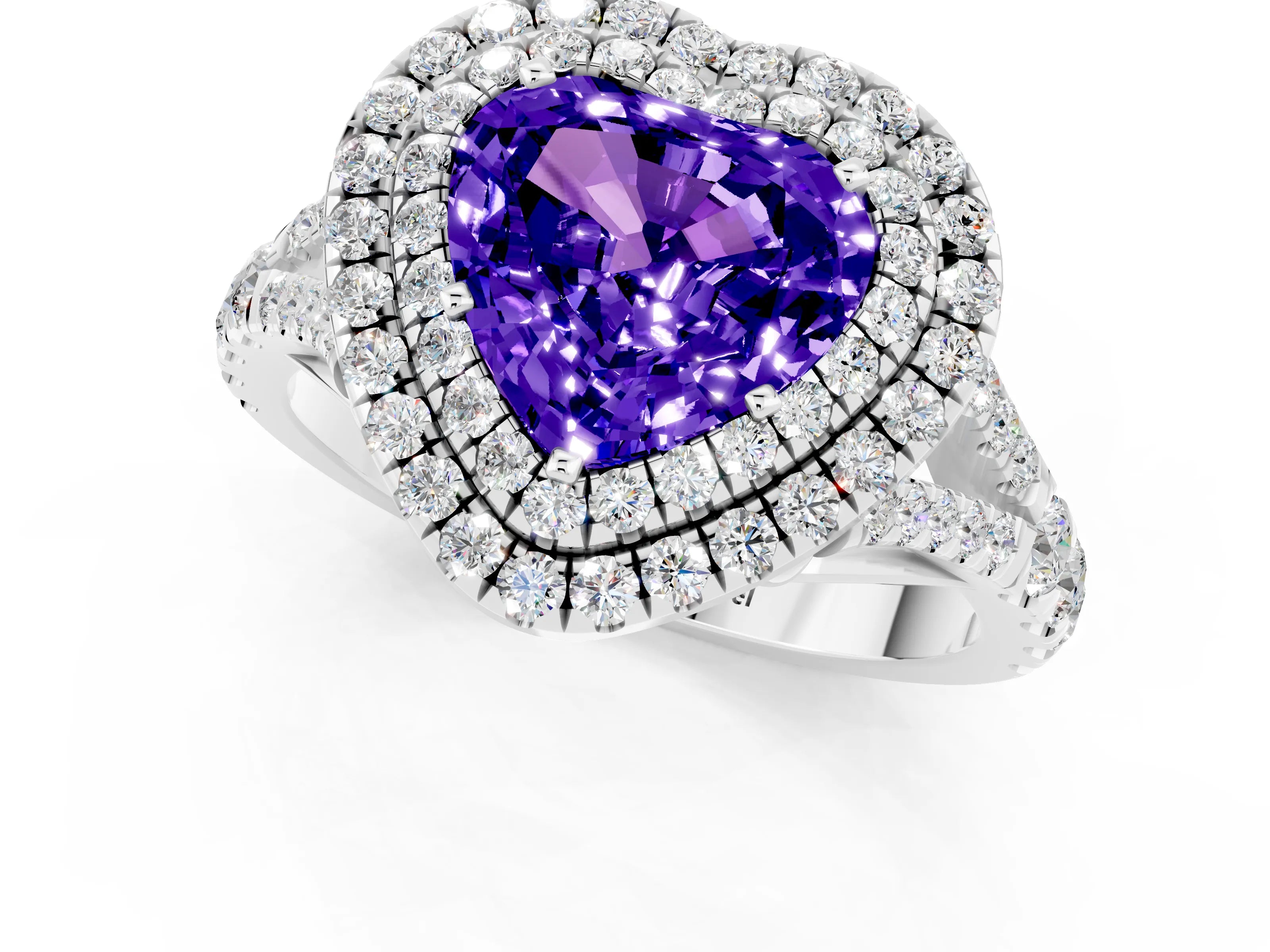 White gold Heart Cut Tanzanite Pavé Split Shank Double Halo Engagement Ring_1