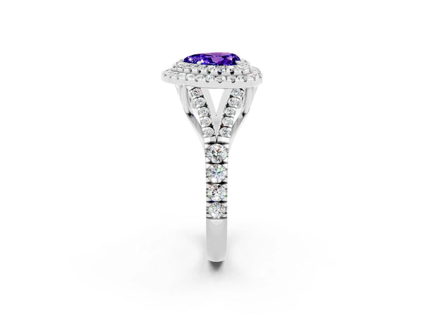 Silver Heart Cut Tanzanite Pavé Split Shank Double Halo Engagement Ring