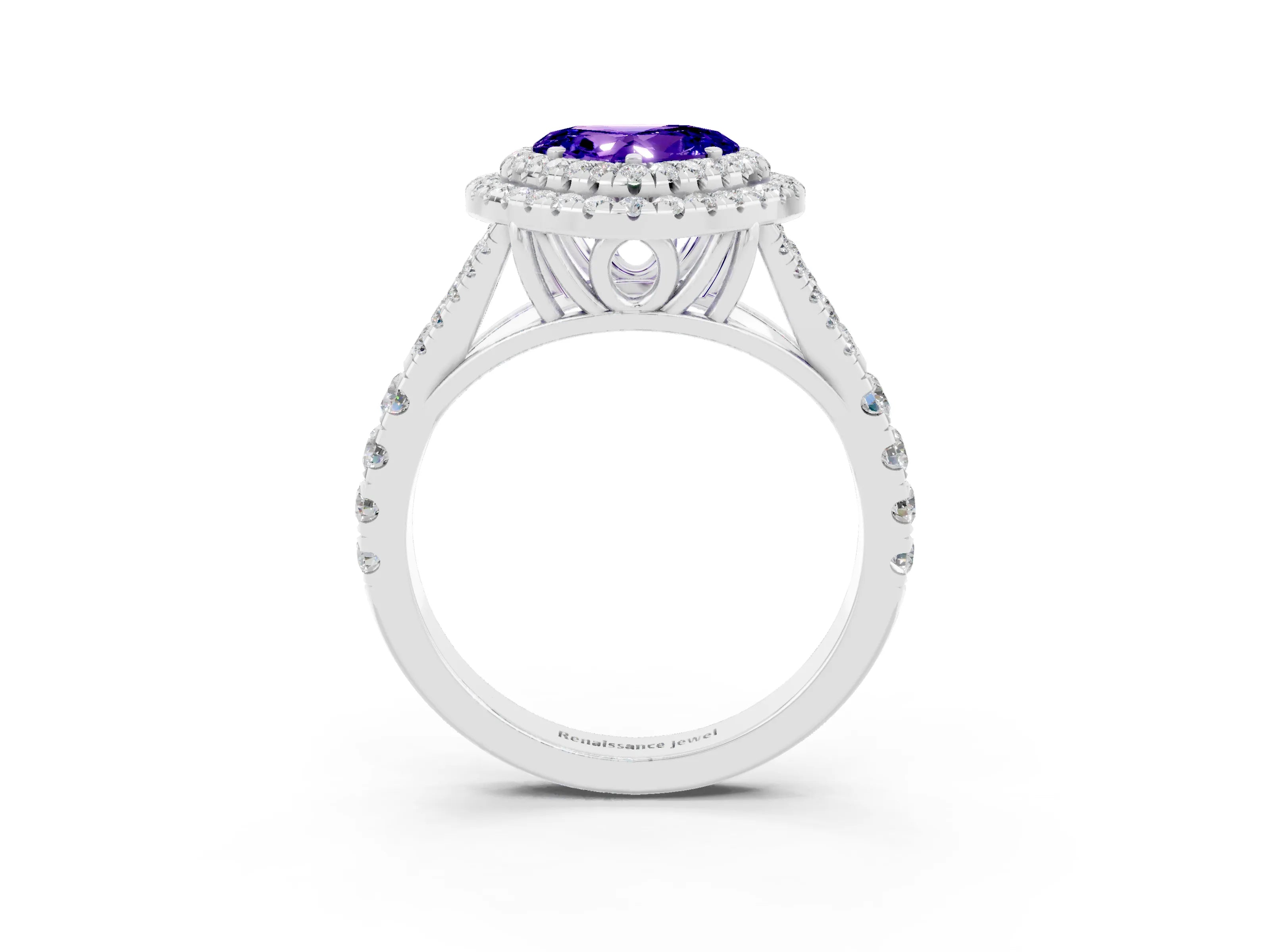 White gold Heart Cut Tanzanite Pavé Split Shank Double Halo Engagement Ring_3