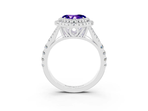 White gold Heart Cut Tanzanite Pavé Split Shank Double Halo Engagement Ring