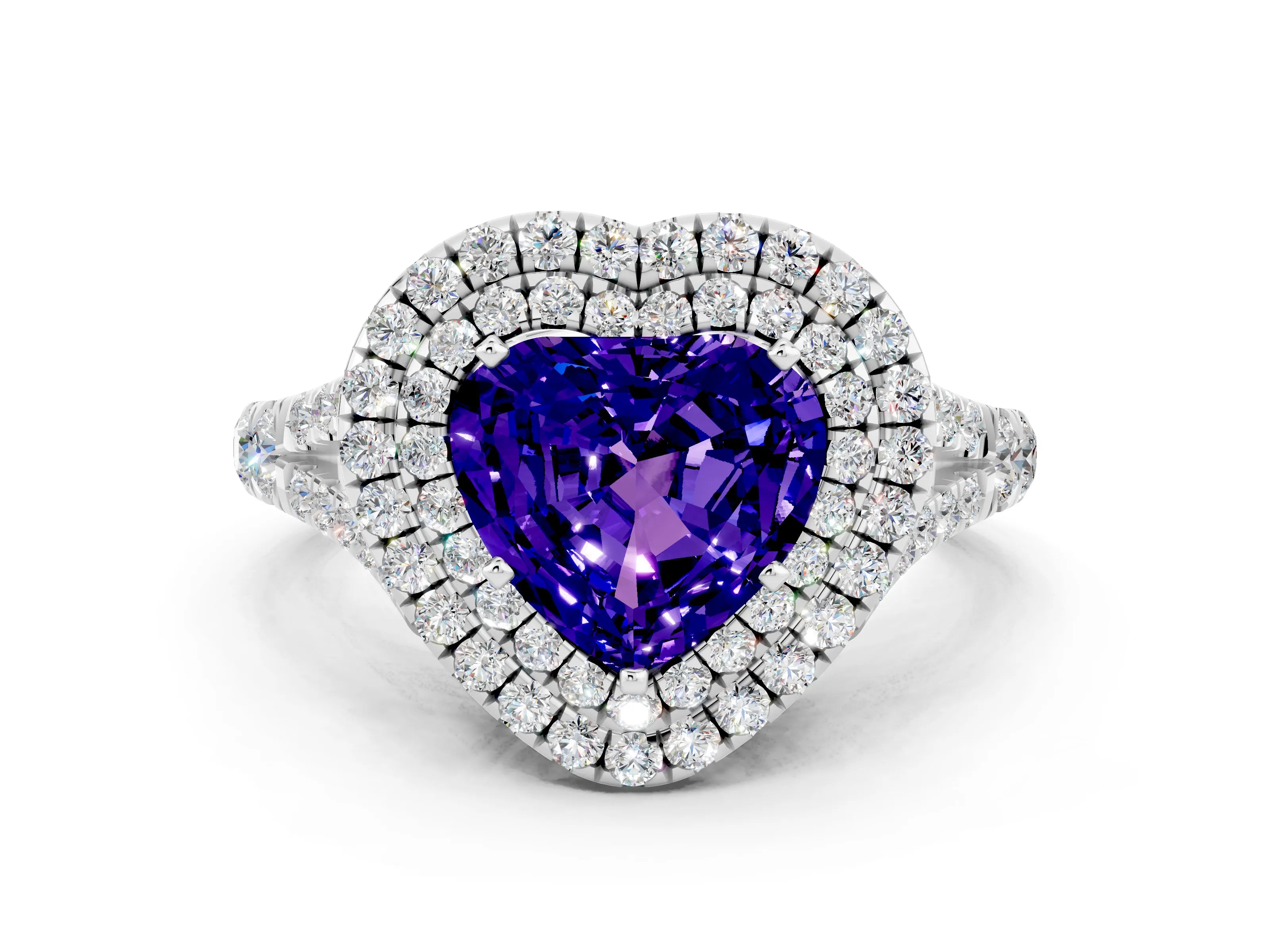 White gold Heart Cut Tanzanite Pavé Split Shank Double Halo Engagement Ring