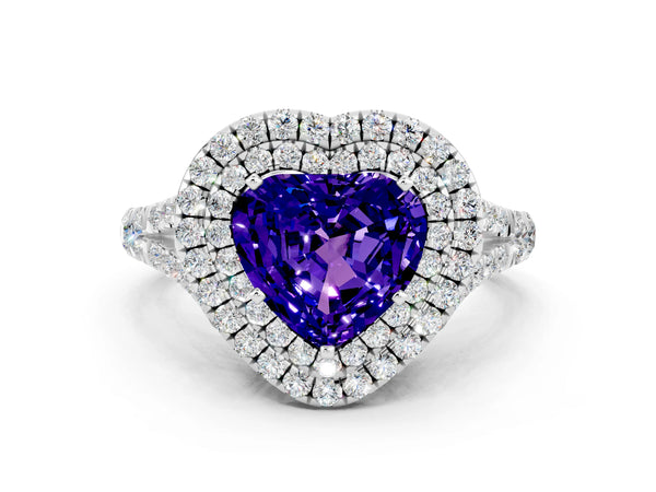 White gold Heart Cut Tanzanite Pavé Split Shank Double Halo Engagement Ring