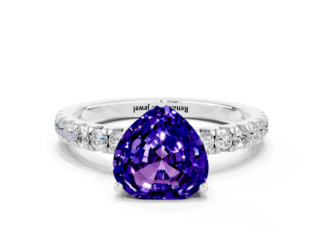 White gold Heart Cut Tanzanite Pave Band Solitaire Ring with Four-Prong Setting_24