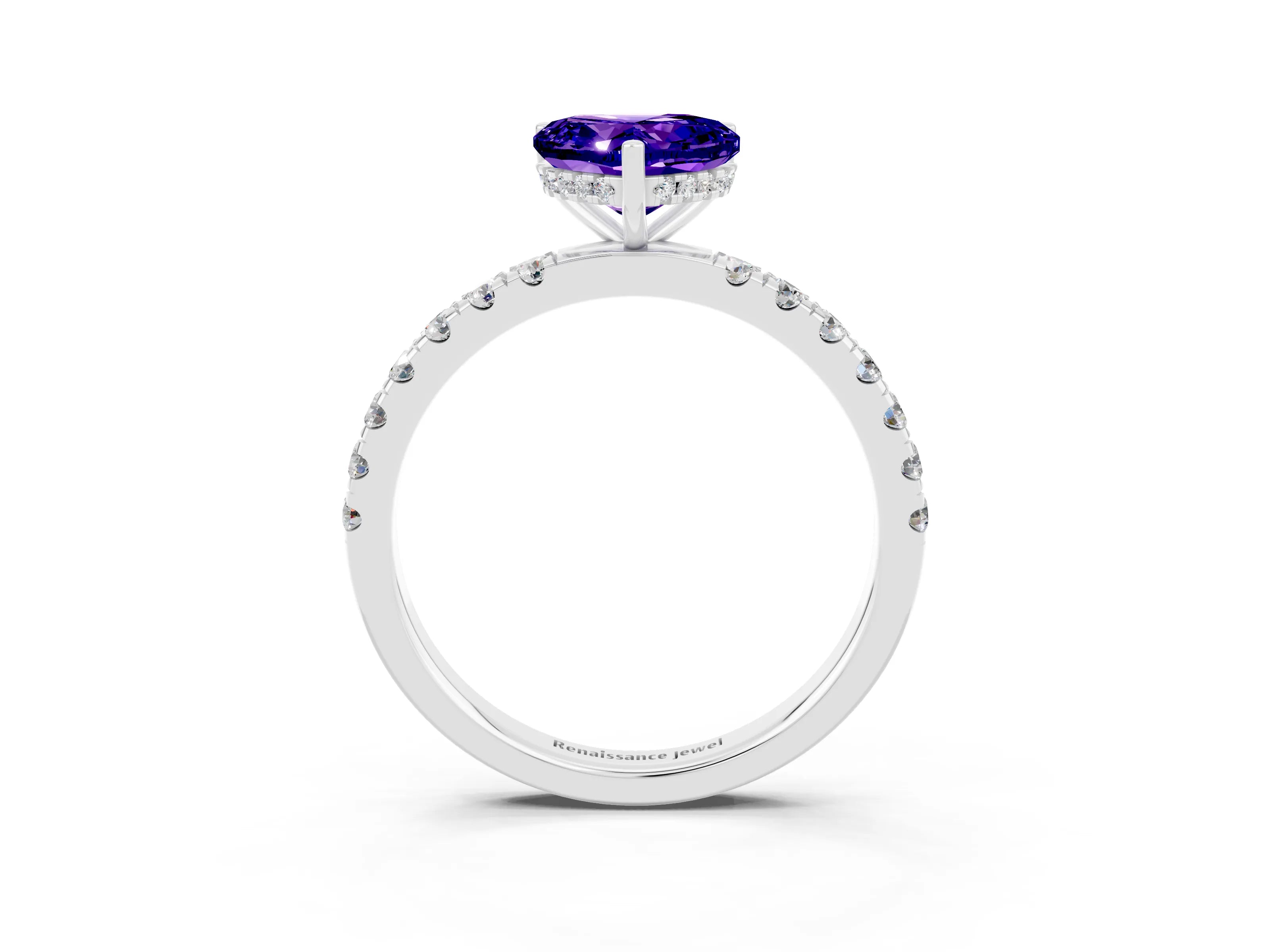 White gold Heart Cut Tanzanite Pave Band Solitaire Ring with Four-Prong Setting_27