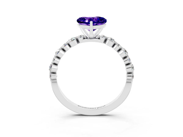 Platinum Heart Cut Tanzanite Prong Set Engagement Ring with Pavé Band