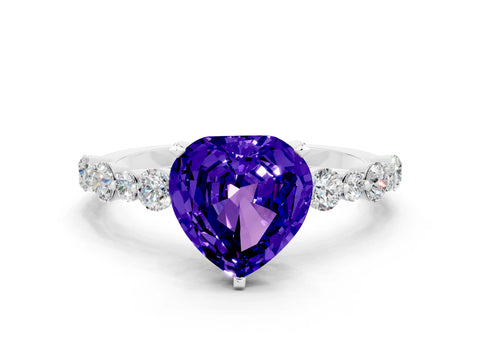 White gold Heart Cut Tanzanite Prong Set Engagement Ring with Pavé Band
