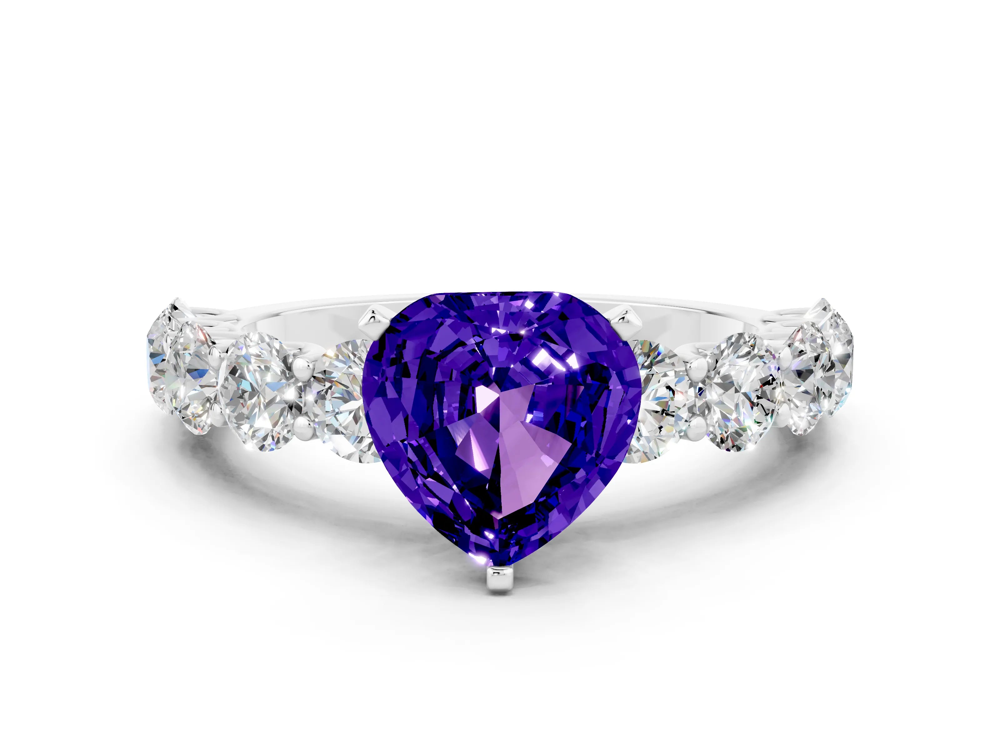 White gold Heart Cut Tanzanite Prong Setting with Side Stones on a Pave Band
