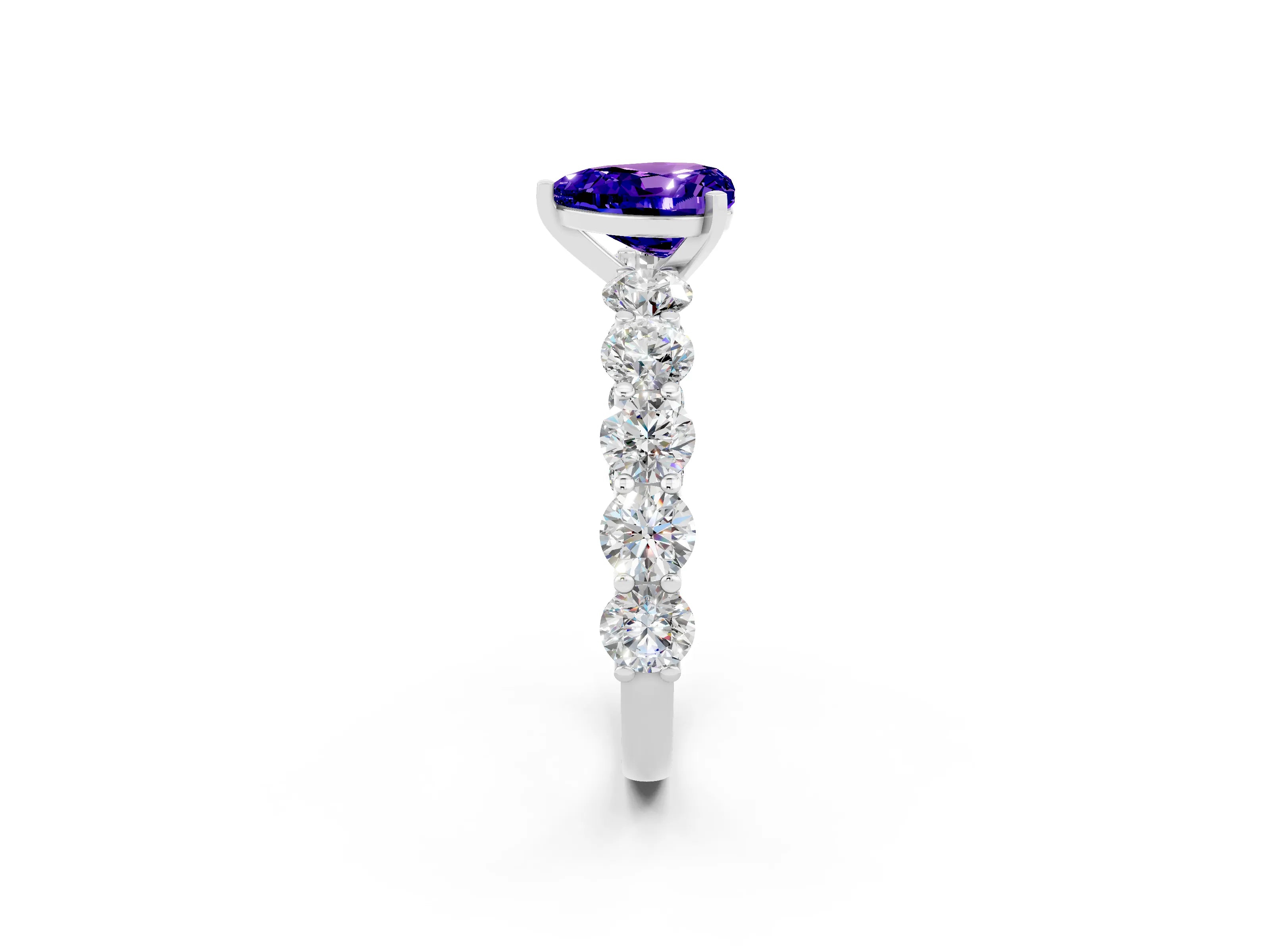 White gold Heart Cut Tanzanite Prong Setting with Side Stones on a Pave Band_2