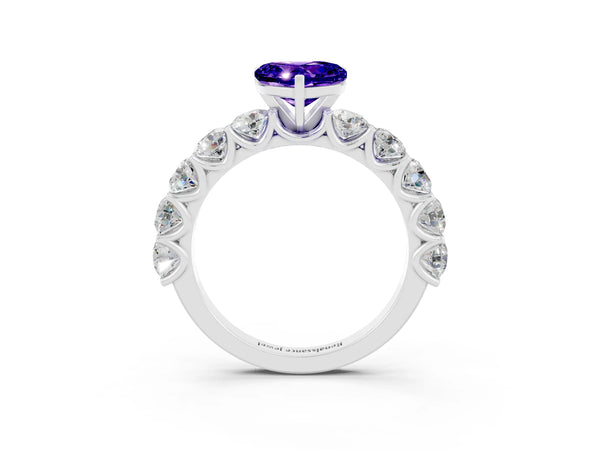 Silver Heart Cut Tanzanite Prong Setting with Side Stones on a Pave Band
