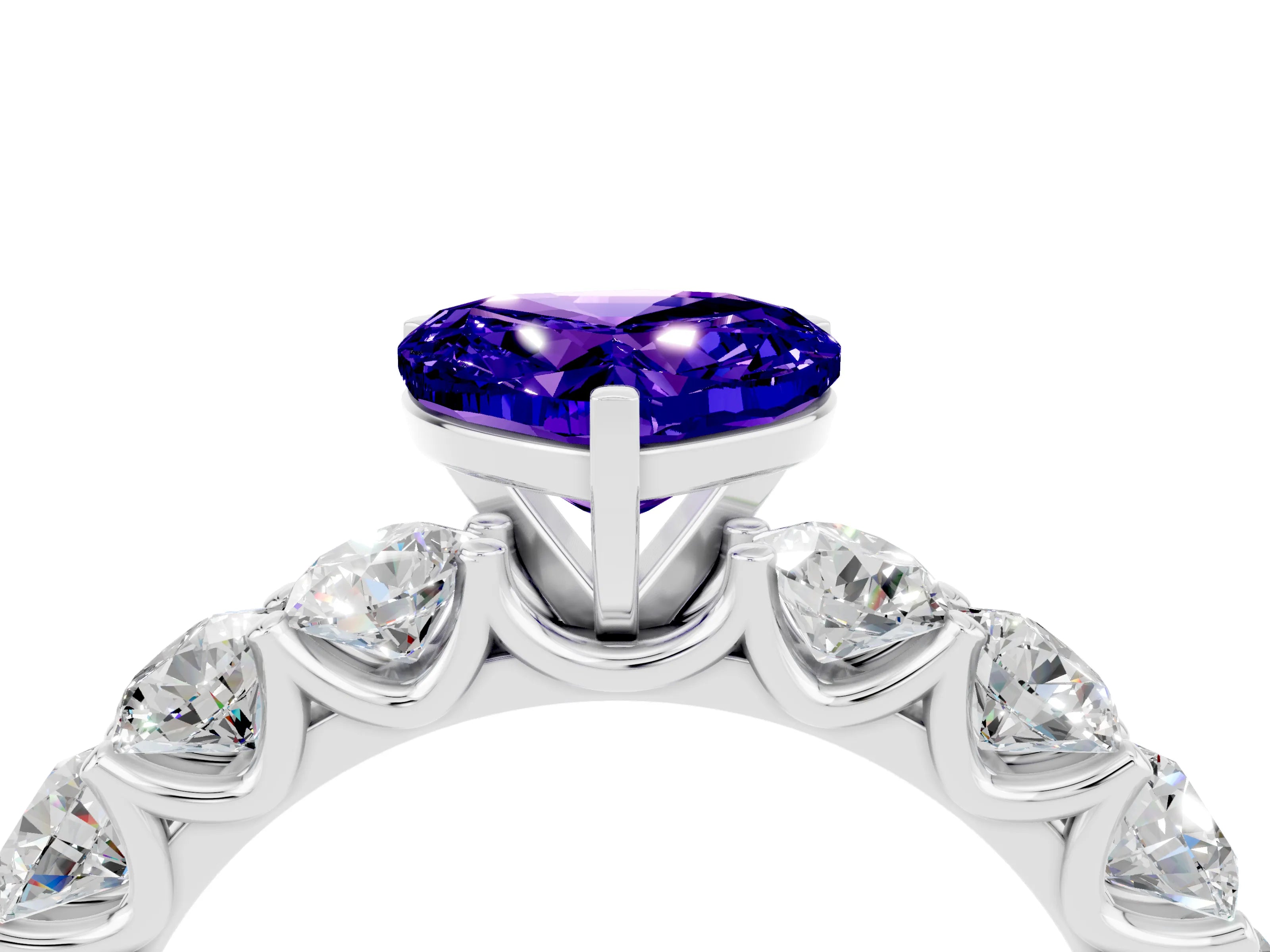 White gold Heart Cut Tanzanite Prong Setting with Side Stones on a Pave Band_4