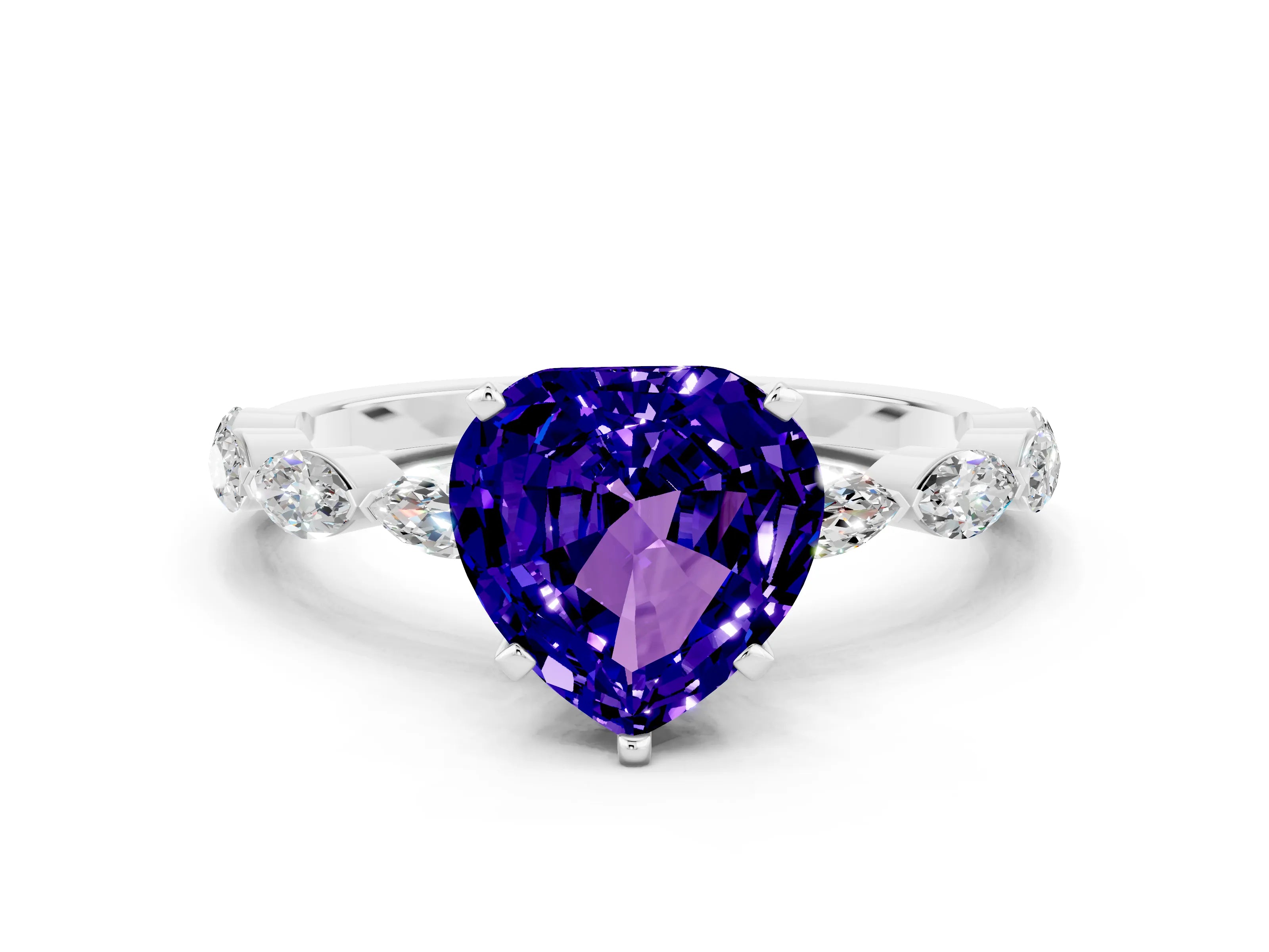 White gold Heart Cut Tanzanite Ring with Marquise Side Stones and Prong Setting