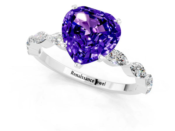 Platinum Heart Cut Tanzanite Ring with Marquise Side Stones and Prong Setting