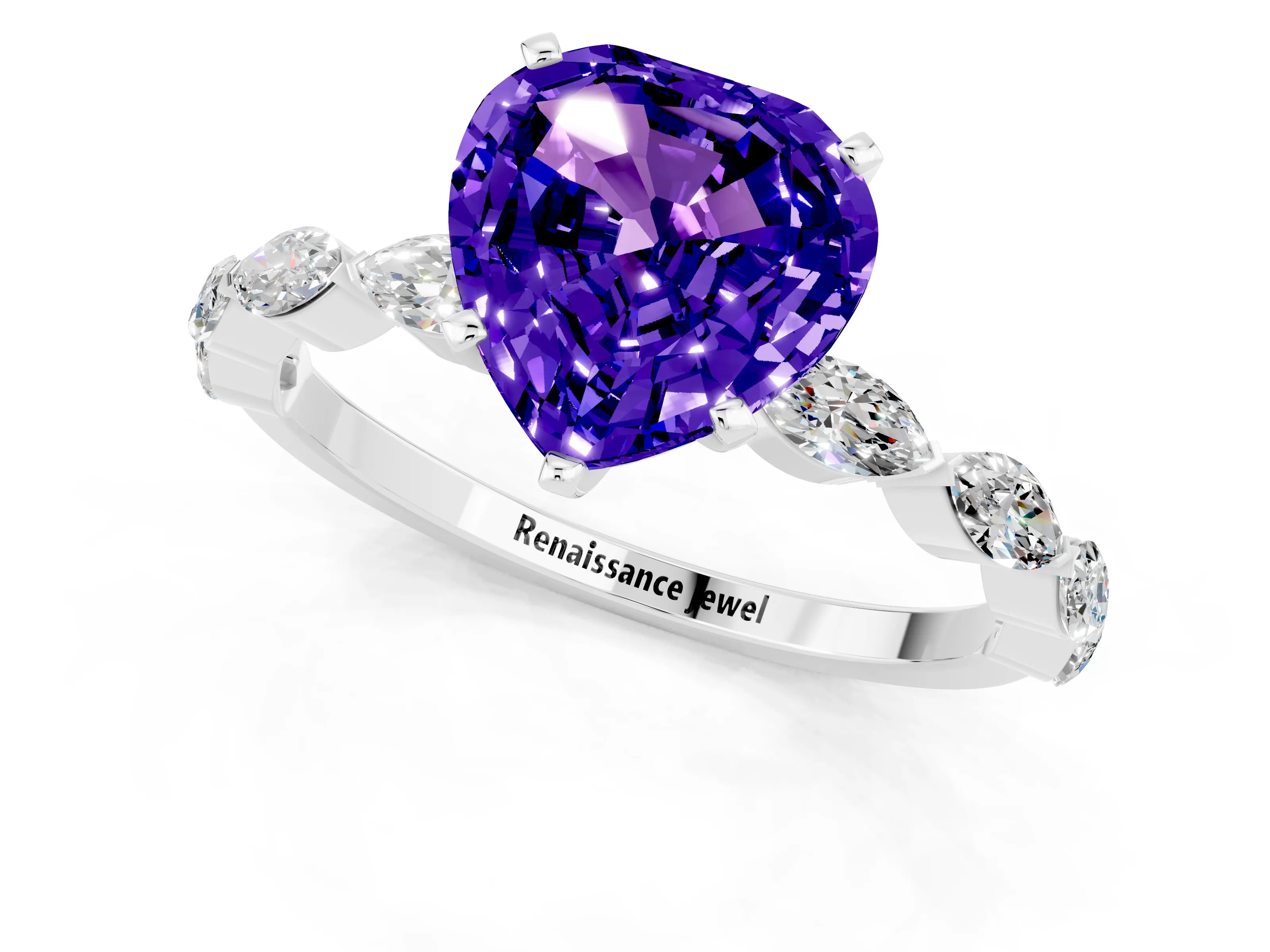 White gold Heart Cut Tanzanite Ring with Marquise Side Stones and Prong Setting_1