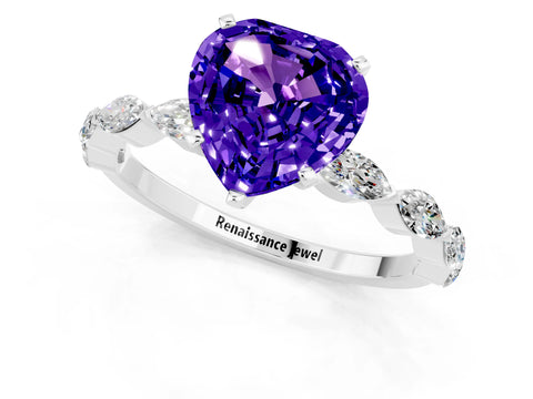 White gold Heart Cut Tanzanite Ring with Marquise Side Stones and Prong Setting_1