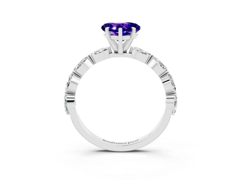 White gold Heart Cut Tanzanite Ring with Marquise Side Stones and Prong Setting_3