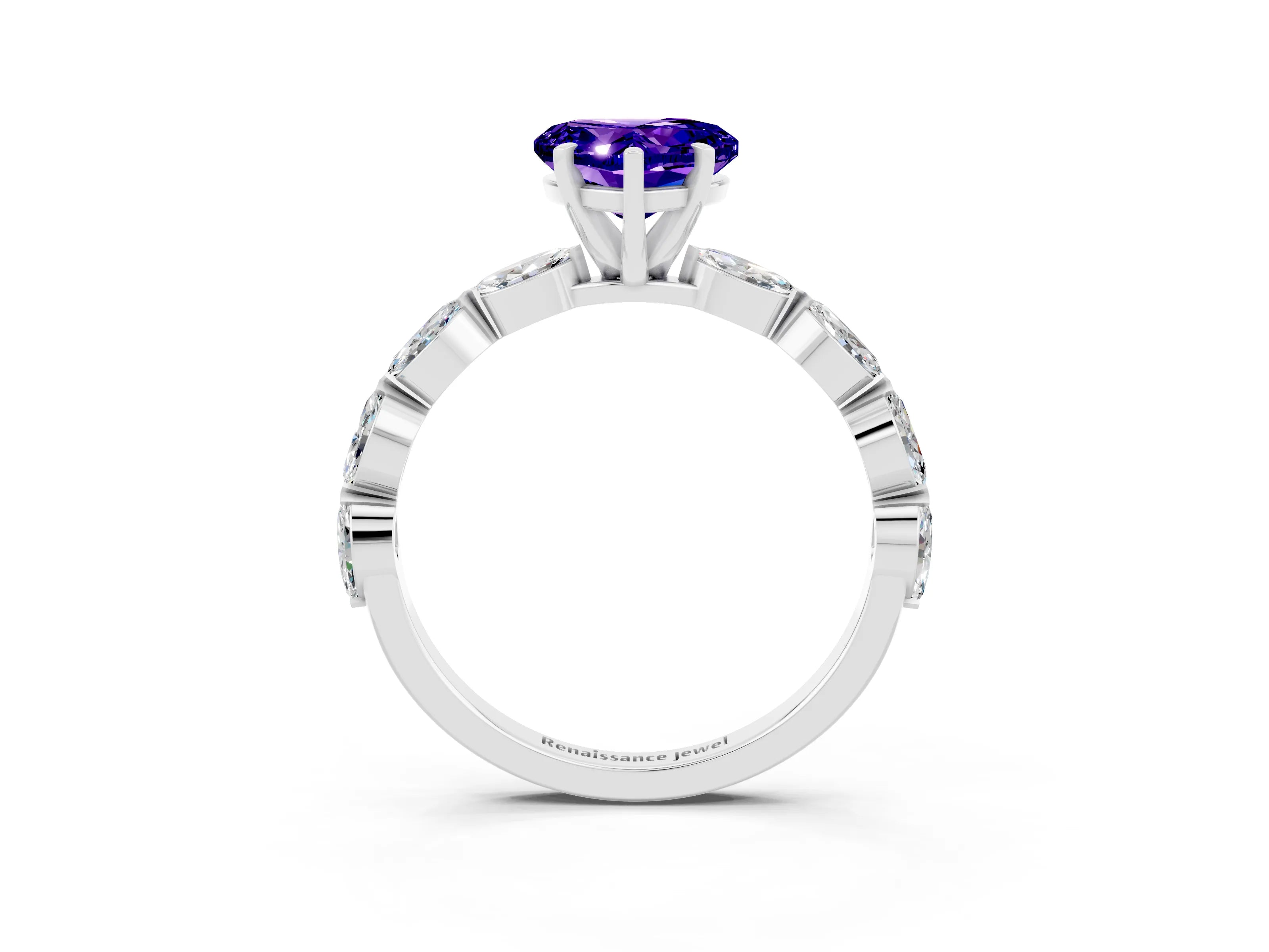 White gold Heart Cut Tanzanite Ring with Marquise Side Stones and Prong Setting_3