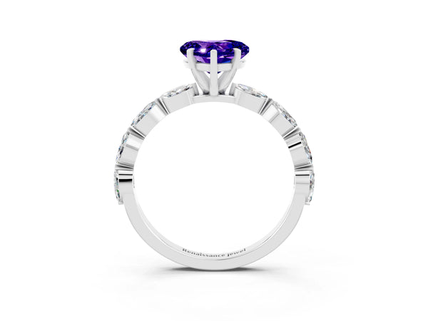 White gold Heart Cut Tanzanite Ring with Marquise Side Stones and Prong Setting