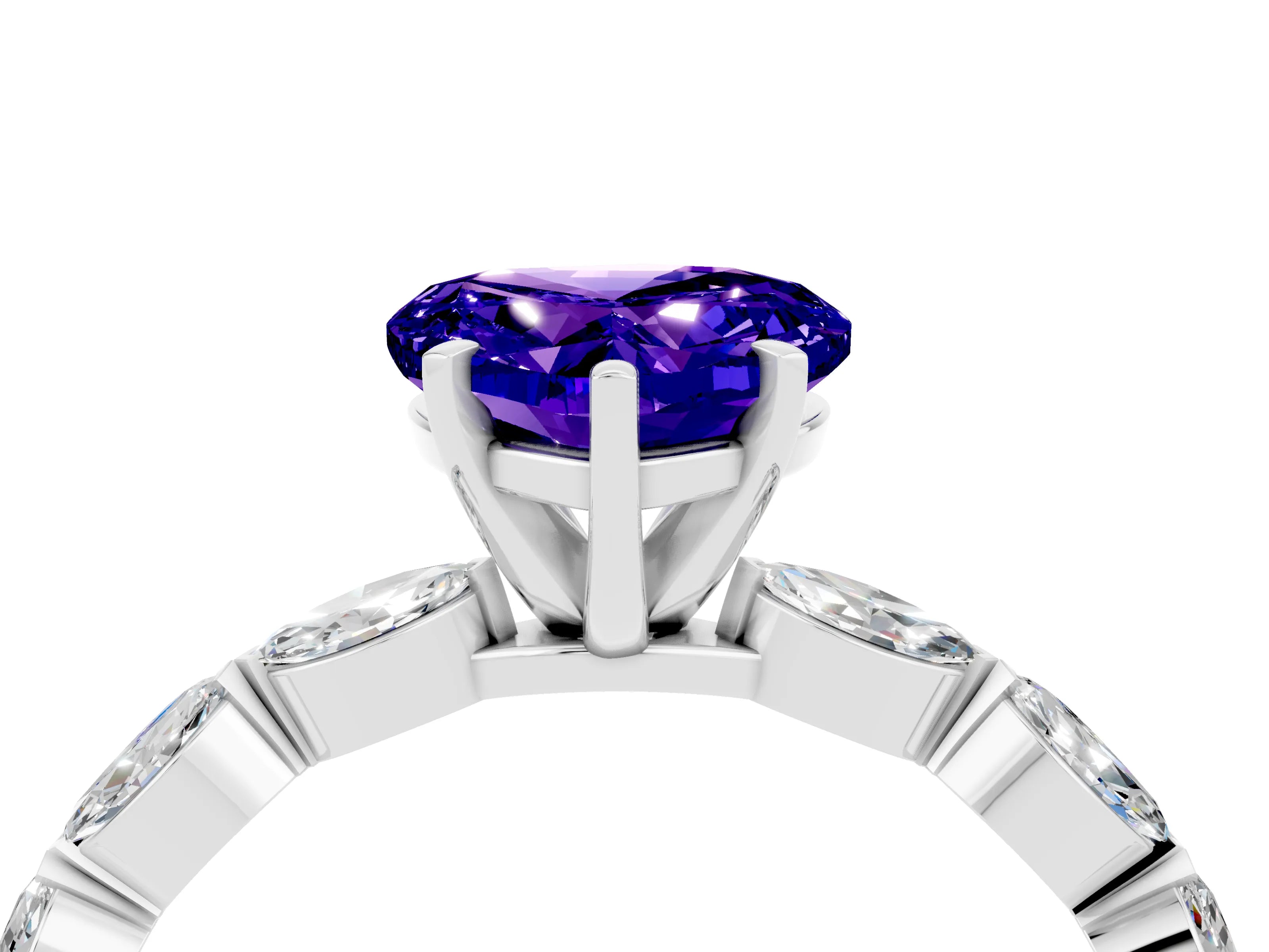 White gold Heart Cut Tanzanite Ring with Marquise Side Stones and Prong Setting_4