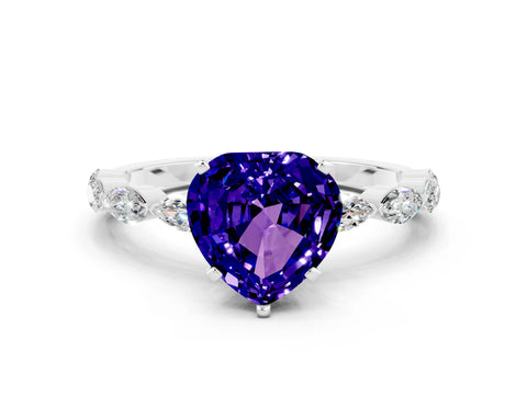 White gold Heart Cut Tanzanite Ring with Marquise Side Stones and Prong Setting