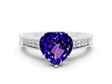 White gold Heart Cut Tanzanite Ring with Milgrain Pavé Band and Four-Prong Setting_12
