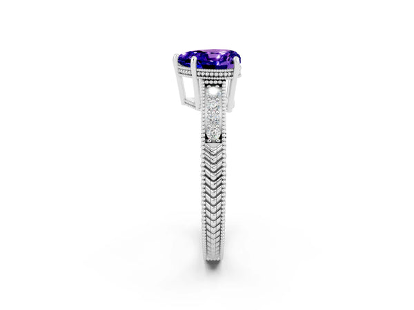 Silver Heart Cut Tanzanite Ring with Milgrain Pavé Band and Four-Prong Setting
