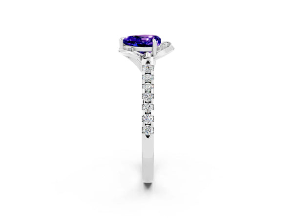 Platinum Heart Cut Tanzanite Ring with Pavé Band and Floral Prong Setting