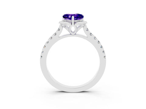 White gold Heart Cut Tanzanite Ring with Pavé Band and Floral Prong Setting_3