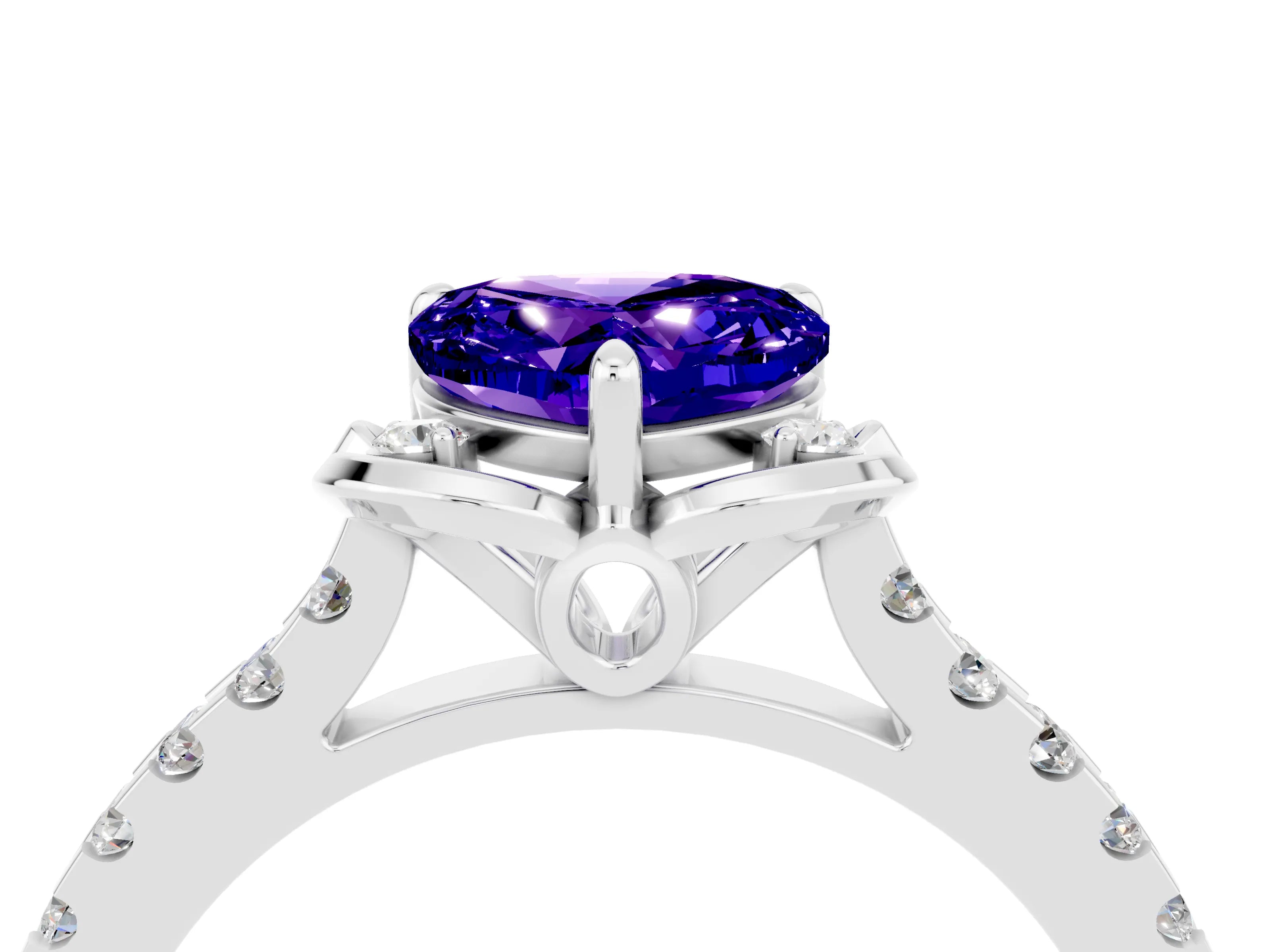 White gold Heart Cut Tanzanite Ring with Pavé Band and Floral Prong Setting_4