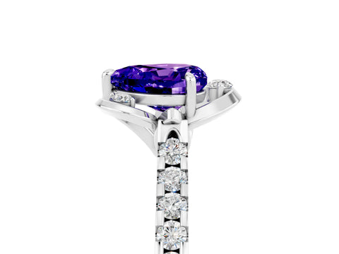 White gold Heart Cut Tanzanite Ring with Pavé Band and Floral Prong Setting_5