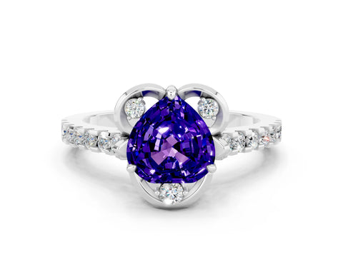 White gold Heart Cut Tanzanite Ring with Pavé Band and Floral Prong Setting_6