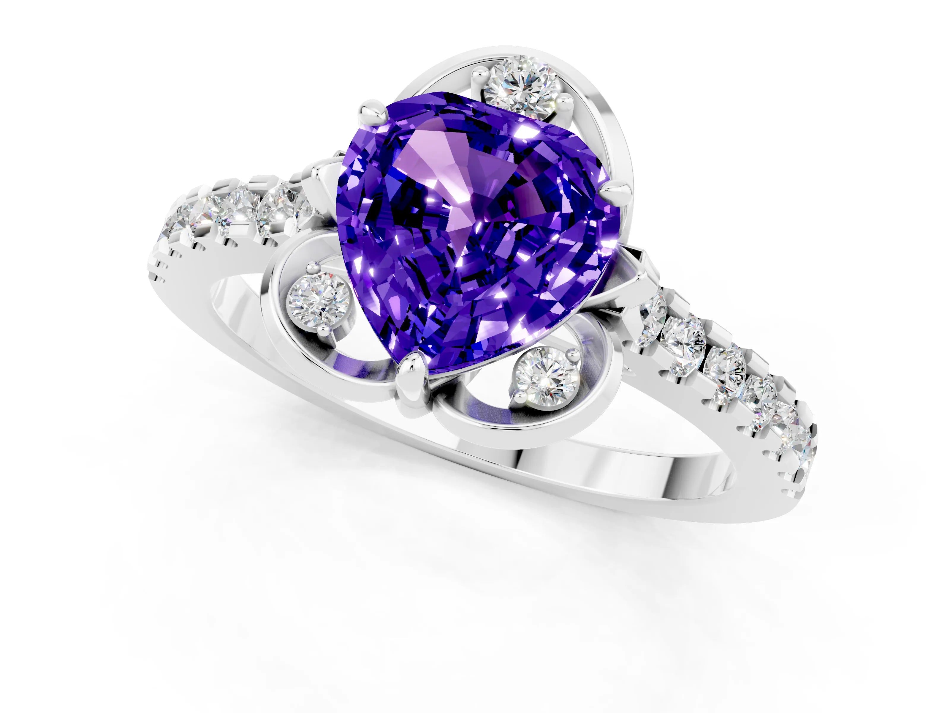 White gold Heart Cut Tanzanite Ring with Pavé Band and Floral Prong Setting_7
