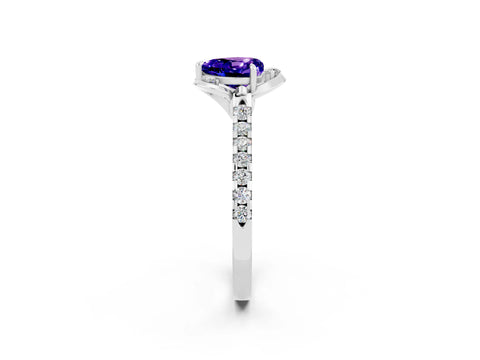 White gold Heart Cut Tanzanite Ring with Pavé Band and Floral Prong Setting_8