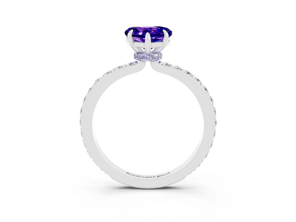 Silver Heart Cut Tanzanite Pavé Engagement Ring with Round  Accents and Prong Setting