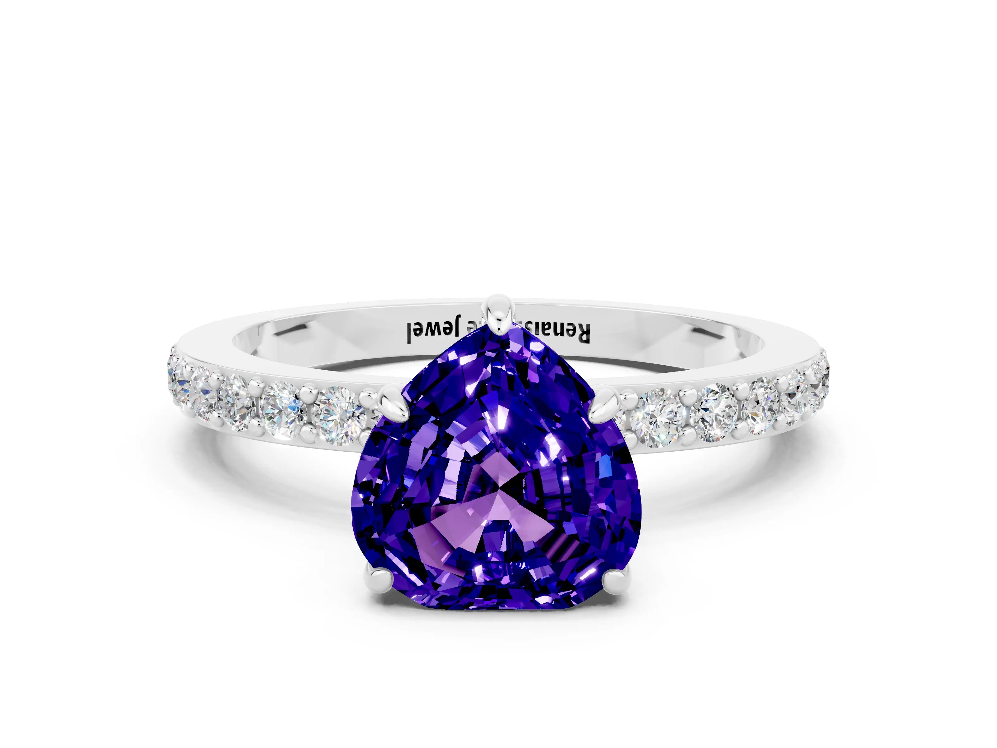 White gold Heart Cut Tanzanite Ring with Pavé Band and Four-Prong Setting