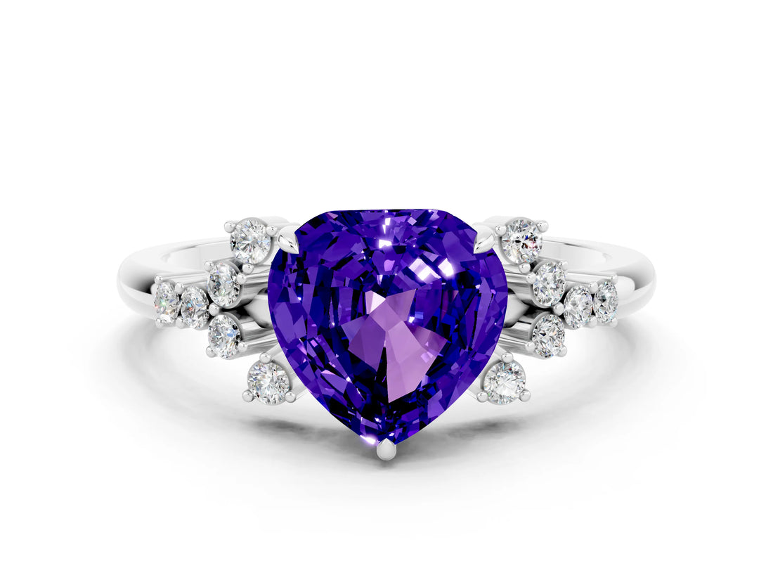 White gold Heart Cut Tanzanite Ring with Side Stones and Four-Prong Setting_36