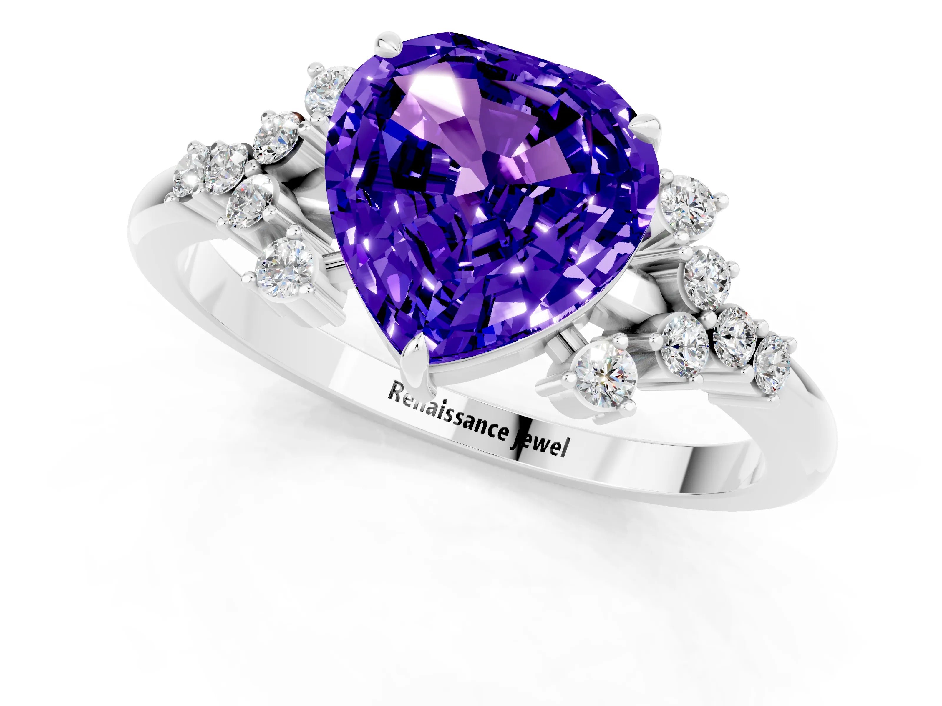 White gold Heart Cut Tanzanite Ring with Side Stones and Four-Prong Setting_37