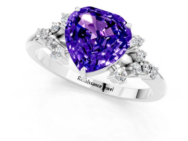 White gold Heart Cut Tanzanite Ring with Side Stones and Four-Prong Setting